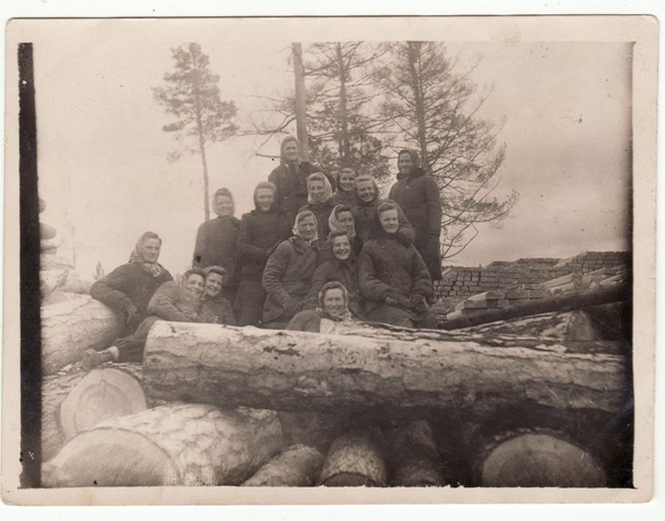 Darbščiosios tremtinės lietuvaitės Sibiro taigoje dirbo sunkius fizinius darbus. Apie 1953 – 1954 m. 